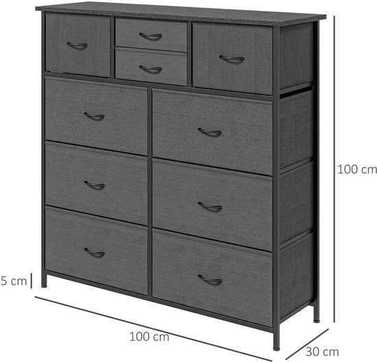 DESMIU Opbergkast Commode Met 10 Opvouwbare Stoffen Lades Stalen Frame Voor Woonkamer Slaapkamer En Hal Zwart 100x30x100 Cm — afbeelding 3