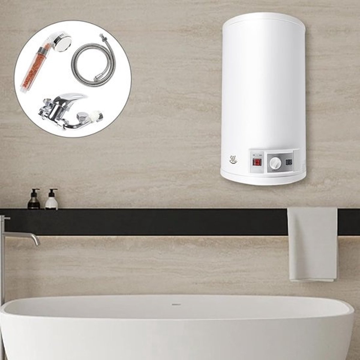 EU Electronic Water Heater, 50 L, 2 KW, 220 V, Flow-Through Water Heater, with Safety Valve and Temperature Display Field, Electric Water Heater up to 75 °C for Kitchens and Toilets