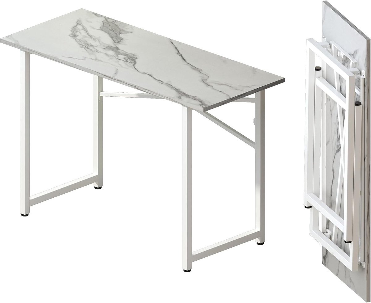 Vouwbureau van 120 cm, ideaal als schrijf- en gamingdesk, perfect voor thuis en camping, zonder montage vereist, wit marmerdesign