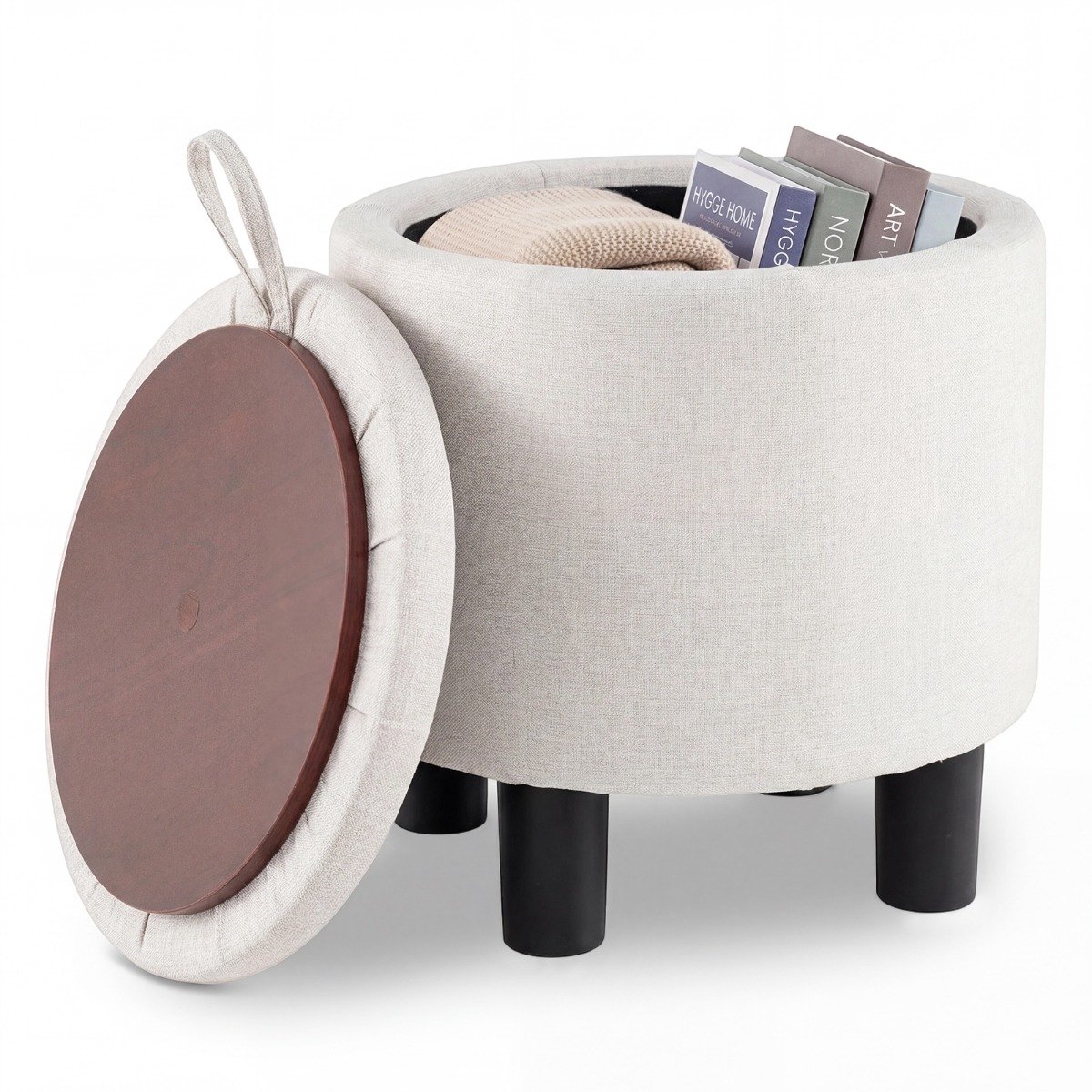 SureDeal® - Poef - Ronde Opbergpoef Voetenbank - Linnen Stof - Dubbelzijdige Klep Poten - 38x42 cm - Beige