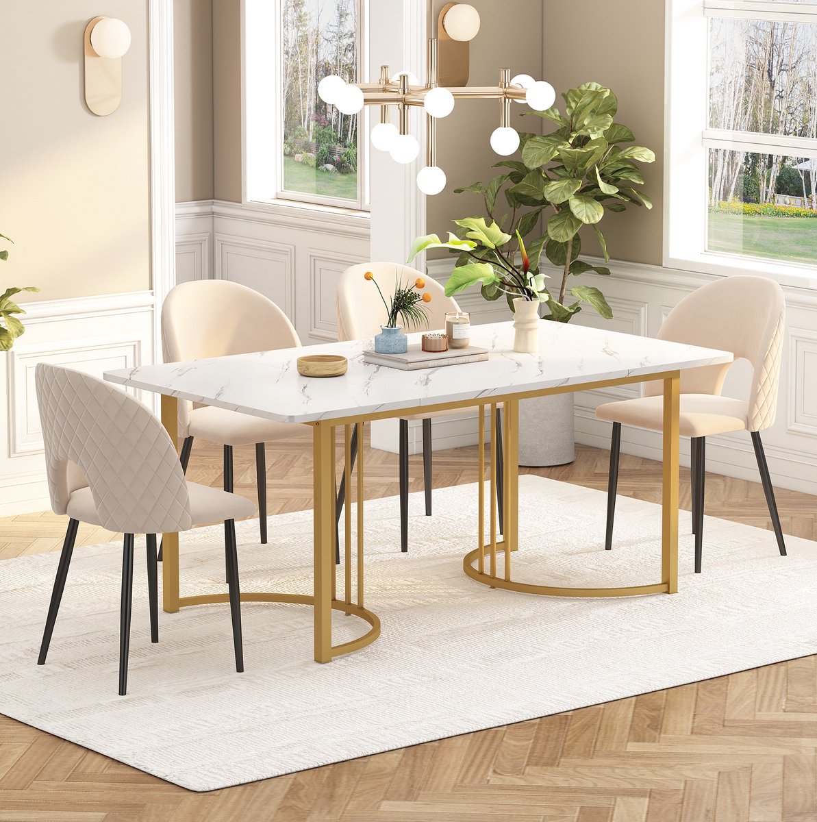 Wishdor Eetkamerset - 4 stoelen - Modern design - Verstelbare poten - Marmereffect - Woonkamer keuken eetkamer - Beige samt metaal - Mdf tafelblad - 140 x 80 x 75 cm