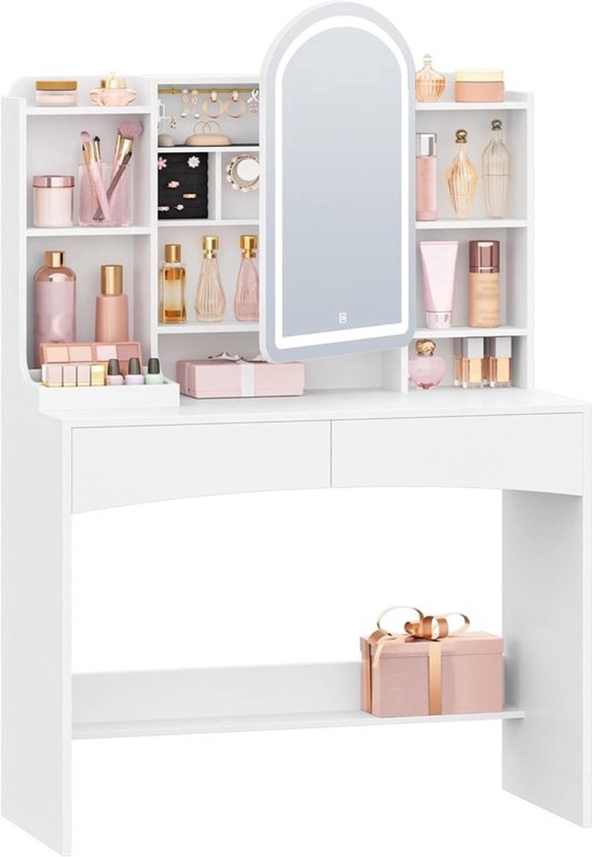 Kaptafel met Verlichting - Schoonheidstafel Glamour - Make-up aanbrengen - Verborgen Juwelenschaal - 90 cm Breed - Wit