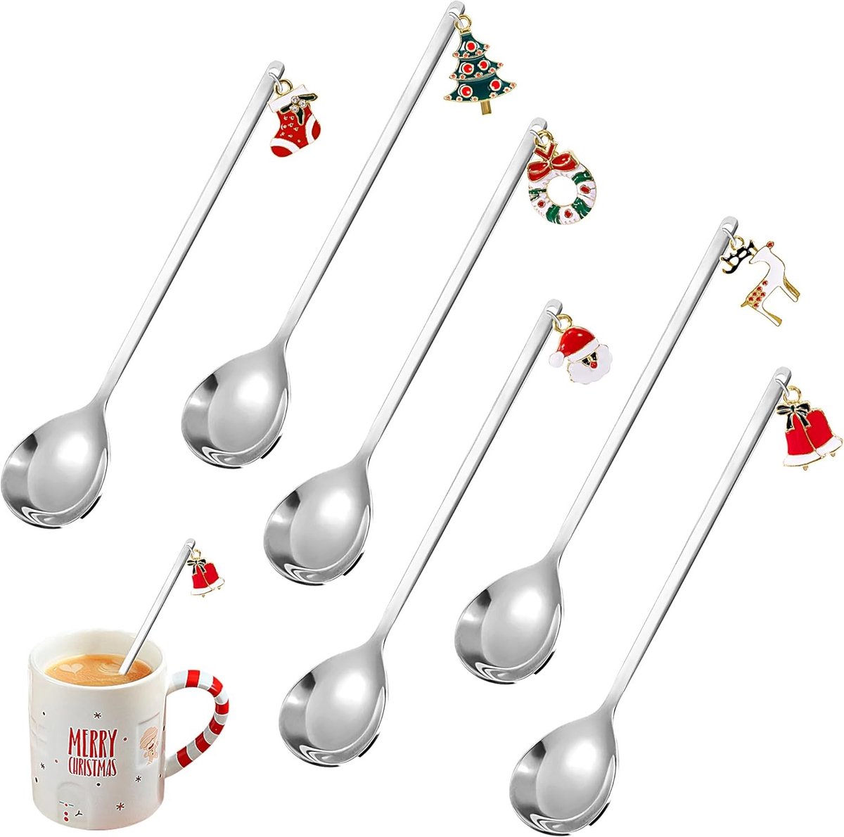 Kerstlepel Set van 6 Stuks - RVS Dessertlepels met Kersthangertjes en Cadeaubox voor Feestelijke Tafels