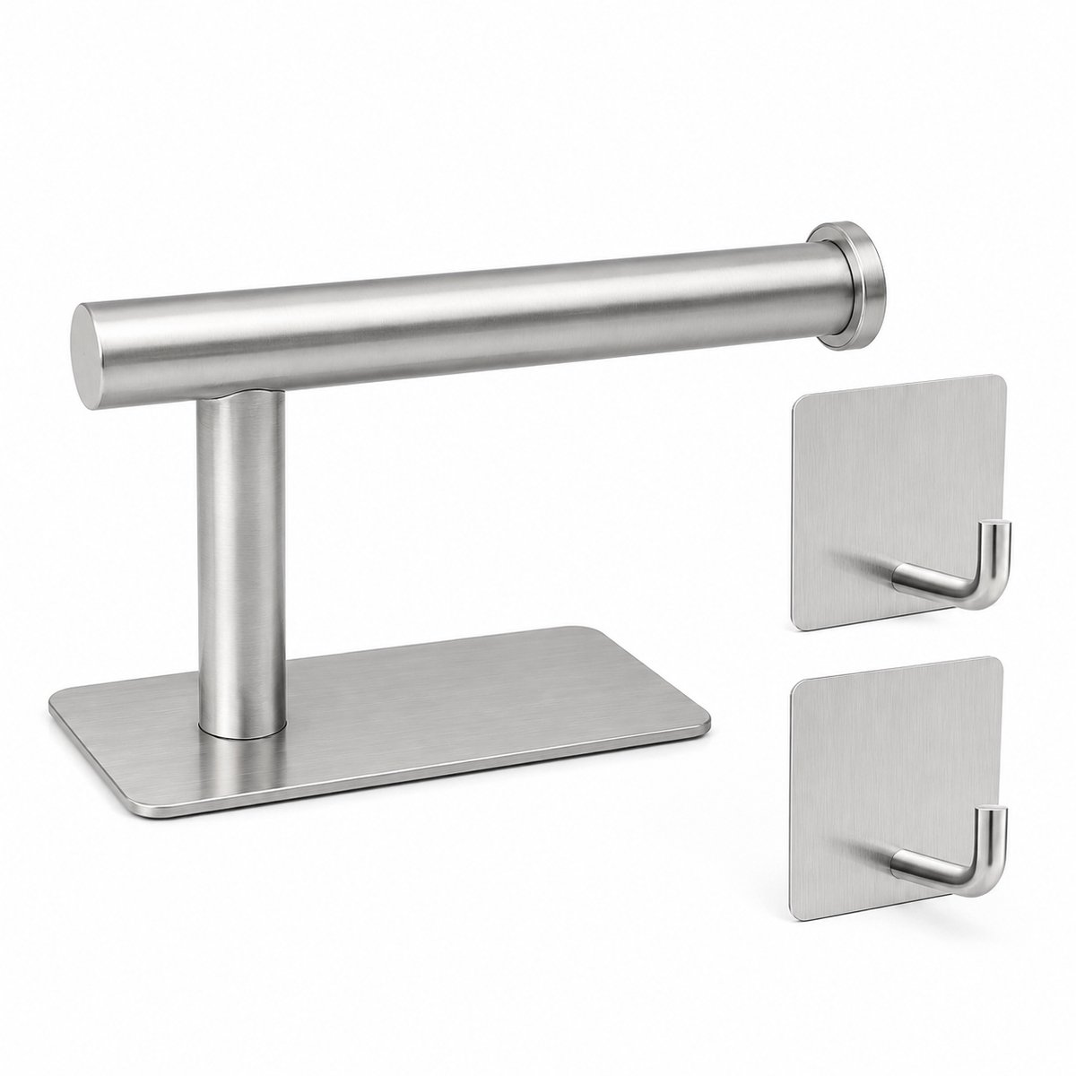 Litalife Toiletrolhouder Zonder Boren - RVS WC-Rolhouder Zelfklevend - Inclusief 2 Handdoekhaken - Zilver - RVS Badkamer Accessoires Set