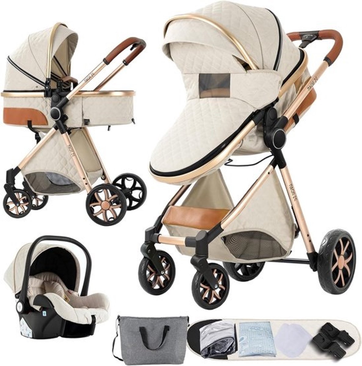 Buggy - Kinderwagen 3 in 1 - Opvouwbare Buggy - Wieg - Wandelwagen - Autostoeltje - Reiswieg - Inklapbaar - 0-36 Maanden