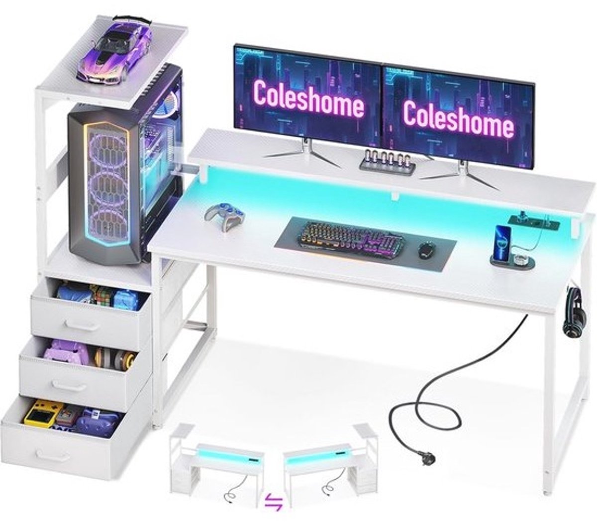 Gaming Bureau met LED-verlichting en Stopcontact - Reversibel Computertafel met Opbergruimte en Monitorstandaard - Koolstofvezel Wit 151 cm