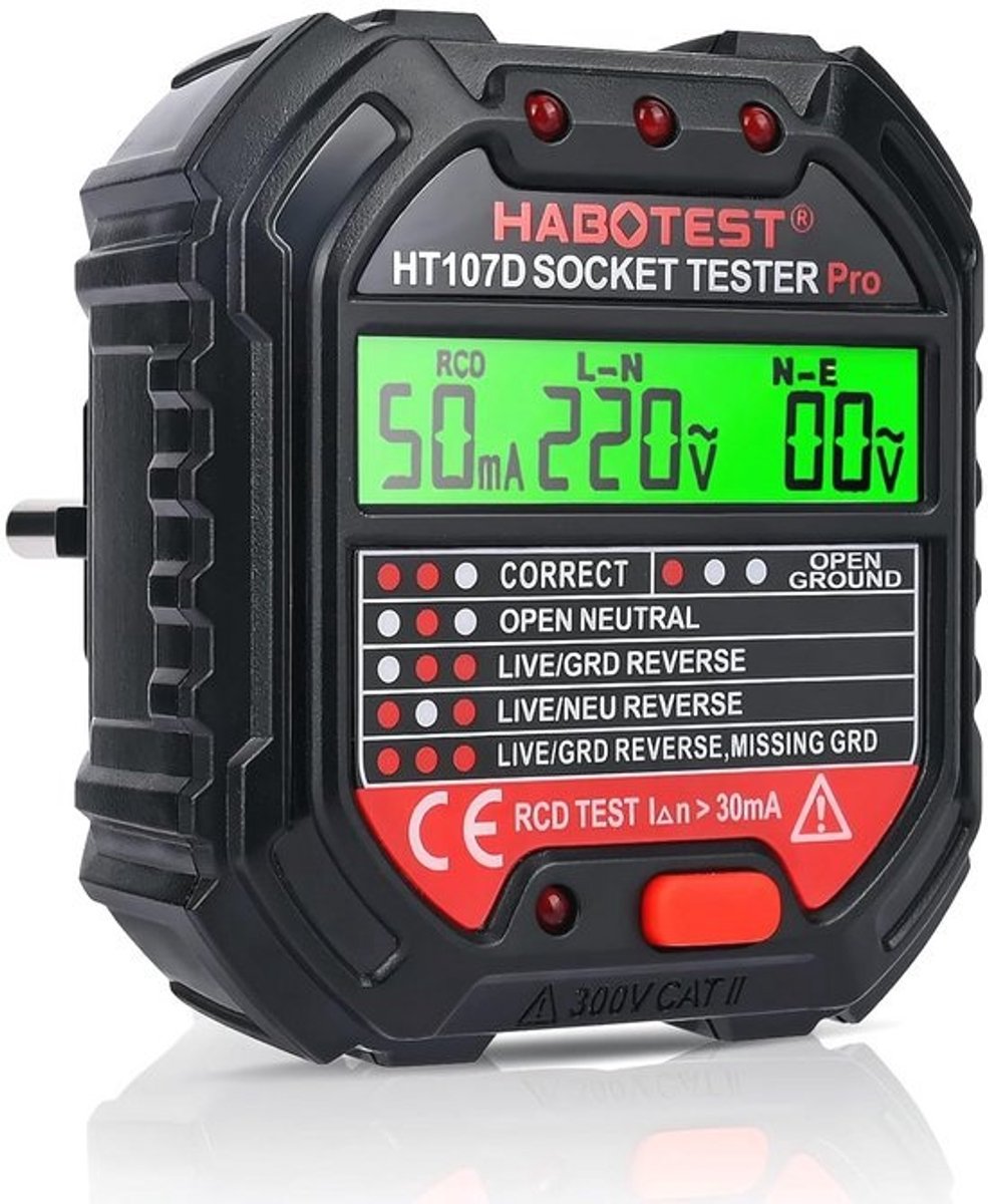 Stopcontacttester met RCD-test en Controlelampjes - 6 Soorten Foutdiagnose, Lekspannings- en Stroomindicator - Fi-tester 48-250V/45-65Hz
