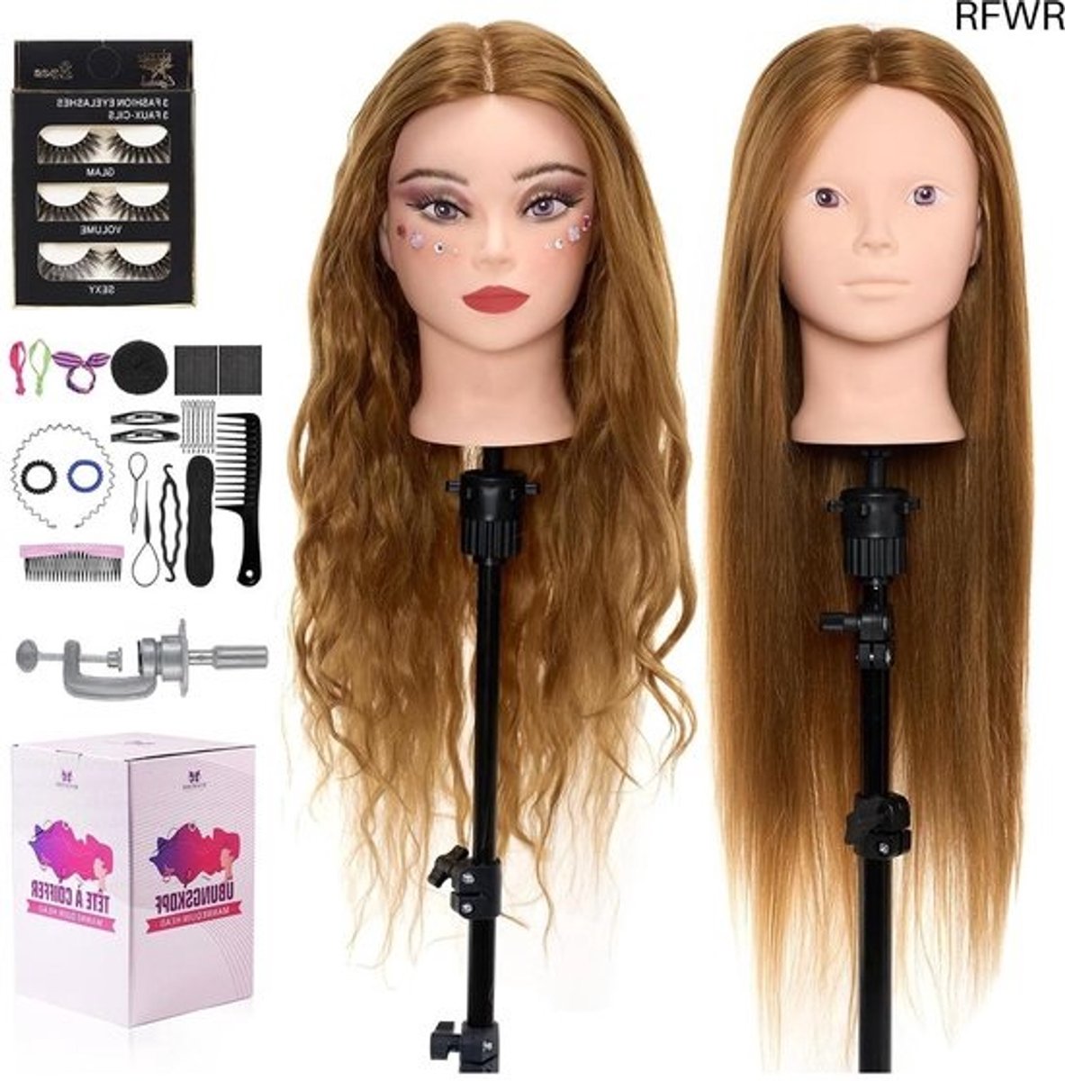 RFWR® Kappershoofd 71 cm met 60% echt haar - Trainingshoofd voor haarstyling en make-up