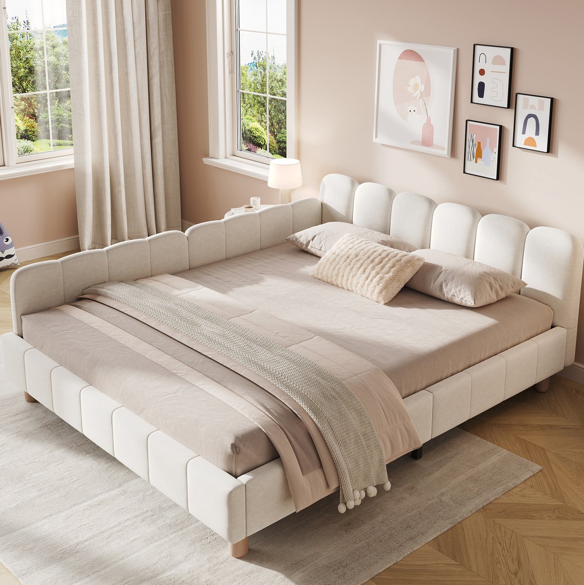 REDOM - Kinderbed frame - Gestoffeerd hoofdbord met veiligheidsbarrière - Inclusief lattenbodem - Velours - Kinderkamer - Hout - Beige - 140 x 190 cm