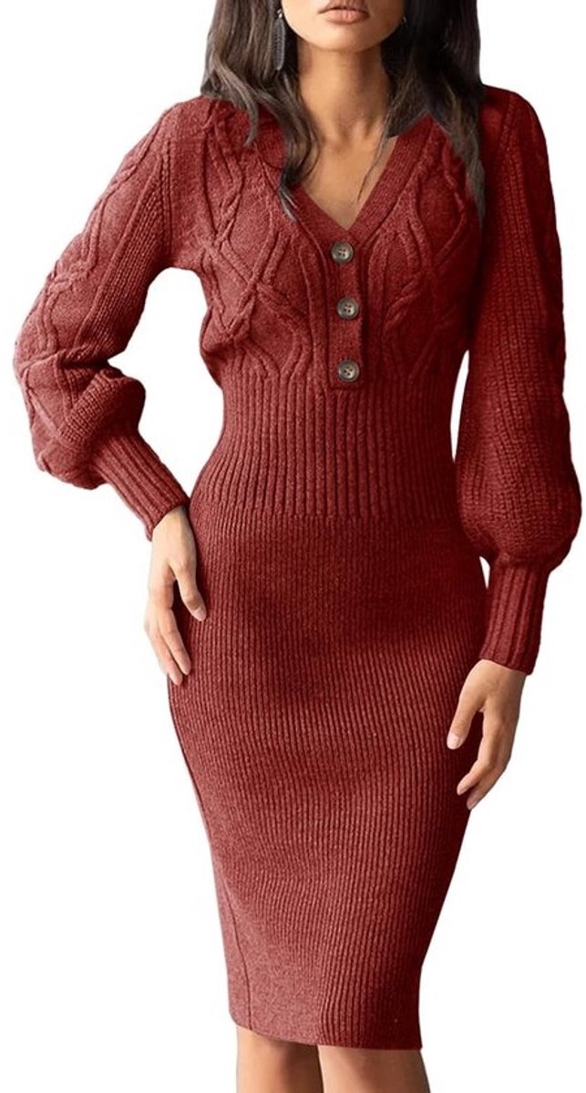 Elegante V-hals Trui-jurk voor Dames - Lange Mouwen, Knielang, Modieuze Gebreide Jurk voor Herfst en Winter
