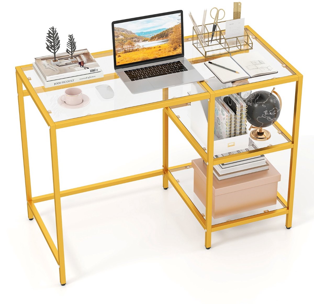 SureDeal® - Bureau - Computertafel - Gehard Glazen Blad - Ruim Werkblad - 106x51x76 cm - Goud