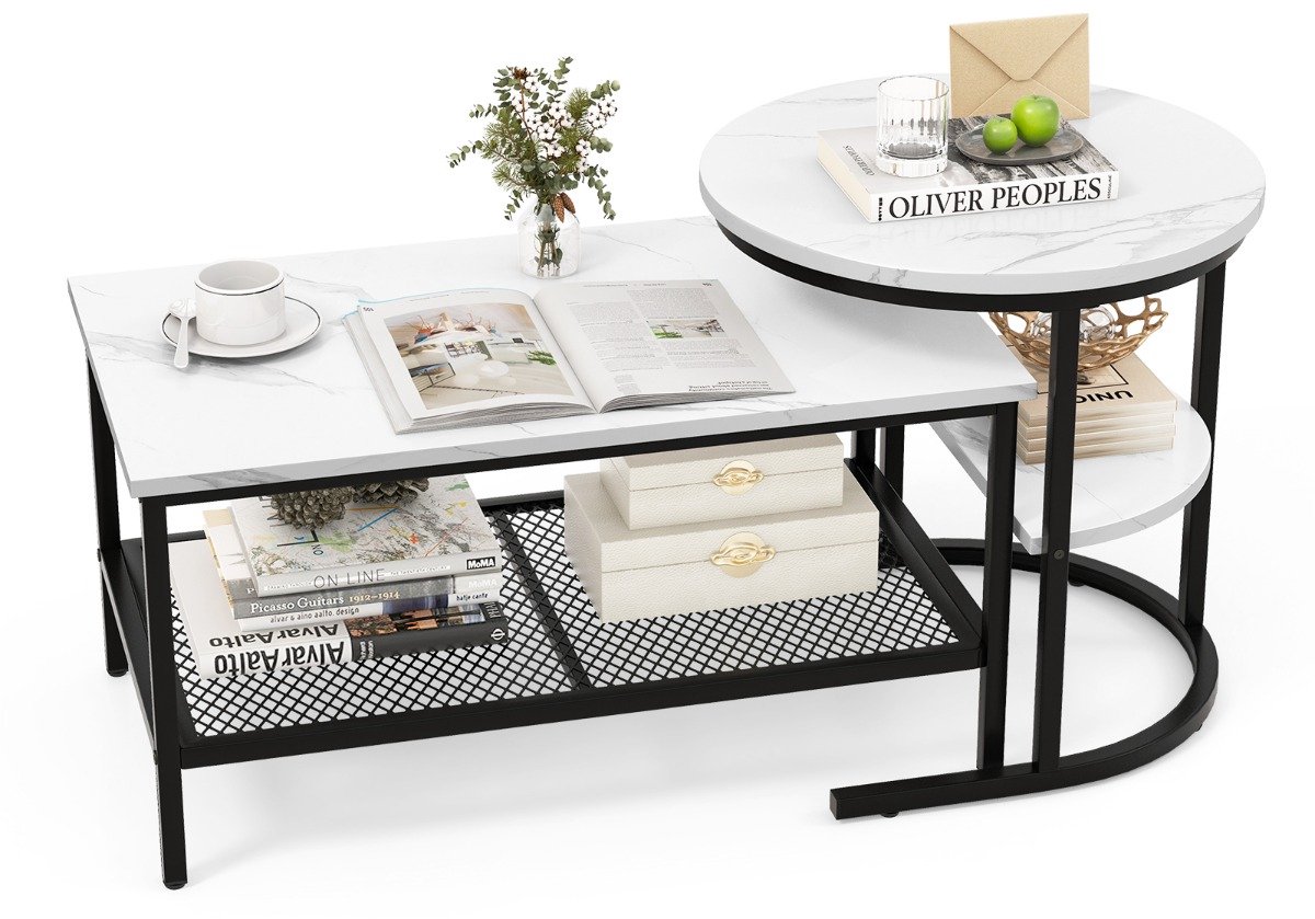 SureDeal® - Salontafel - Bijzettafels - Marmerprint - Metalen Kleine Ronde - Rechthoekige Wit - Zwart - 80x46x41 cm - Donkerbruin