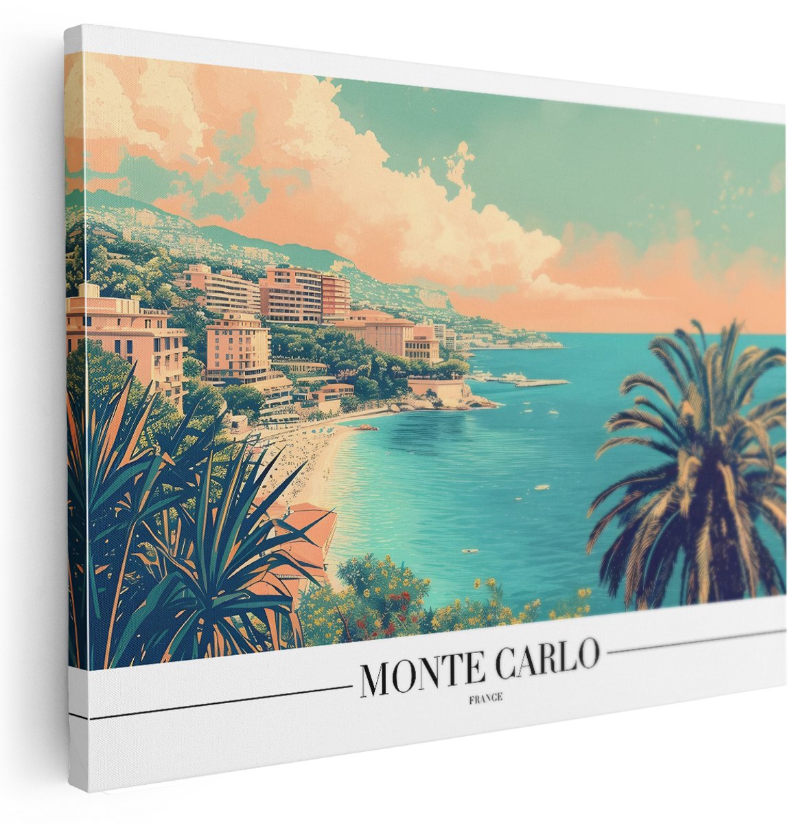 Artaza Canvas Schilderij Kustlijn Monte Carlo - 160x120 cm - Groot - Wanddecoratie Strand Zee - Muurdecoratie Vintage - Schilderijen Op Canvas