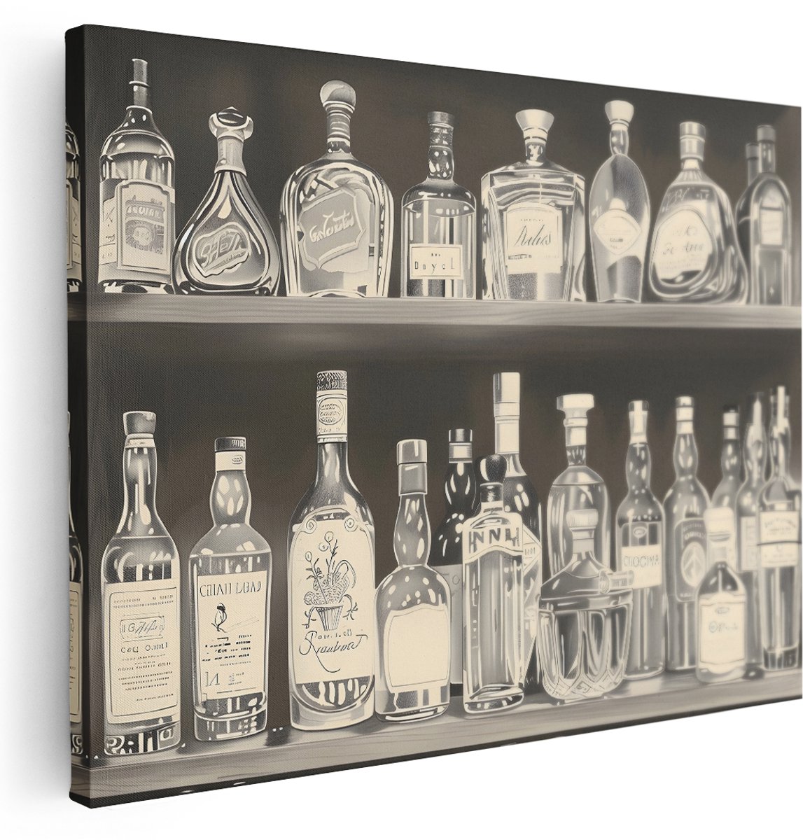 Artaza Canvas Schilderij Sterke Drank - 160x120 cm - Groot - Retro Wanddecoratie Bar - Muurdecoratie Vintage Flessen - Schilderijen Op Canvas Zwart Wit