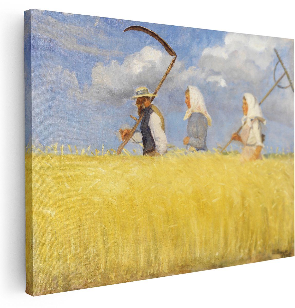 Artaza Canvas Schilderij Graanveld Boeren - 160x120 cm - Groot - Wanddecoratie Klassieke Schilderijen - Muurdecoratie Landschap Natuur - Schilderijen Op Canvas