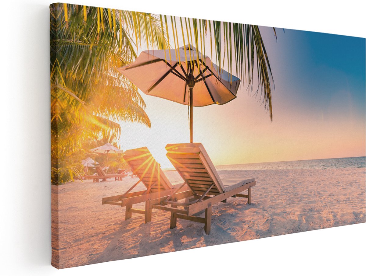 Artaza Canvas Schilderij Tropisch Strand Tijdens Zonsondergang - 180x90 cm - Groot - Wanddecoratie Woonkamer - Schilderijen - Muurdecoratie