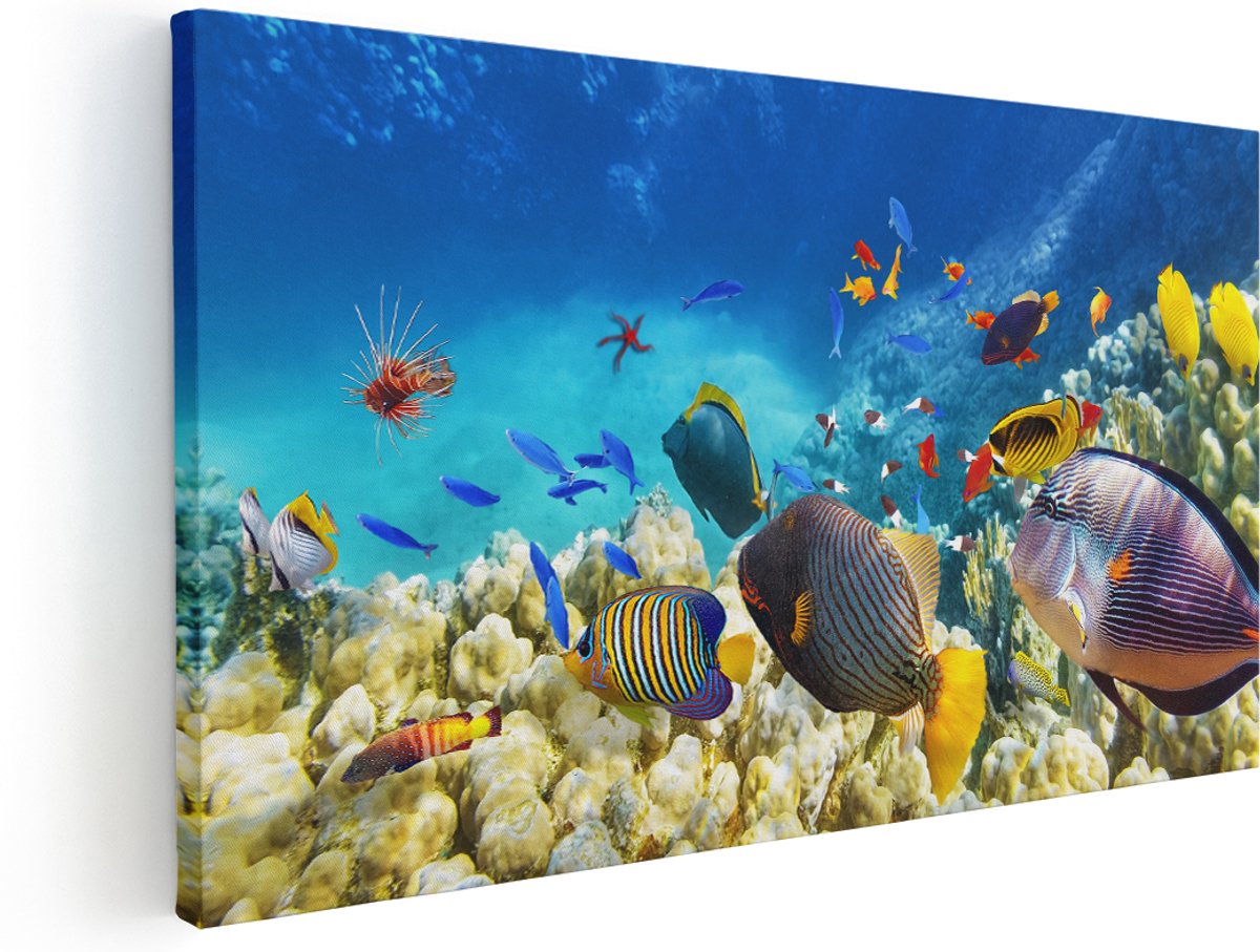 Artaza Canvas Schilderij Vissen in de Oceaan met Koralen - 180x90 cm - Groot - Wanddecoratie Woonkamer - Schilderijen - Muurdecoratie