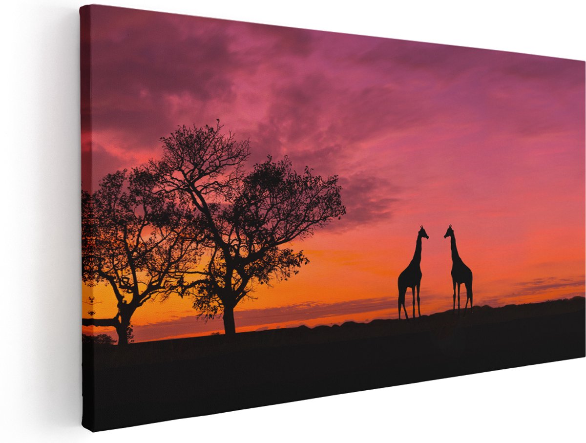 Artaza Canvas Schilderij Twee Giraffe Silhouetten Bij Zonsondergang - 180x90 cm - Groot - Wanddecoratie Woonkamer - Schilderijen - Muurdecoratie