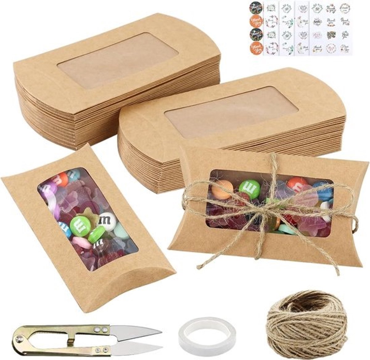 50 Stuks Kraft Kado Verpakking - Kleine Geschenkdozen met Venster - Inclusief Jute Touw en Stickers