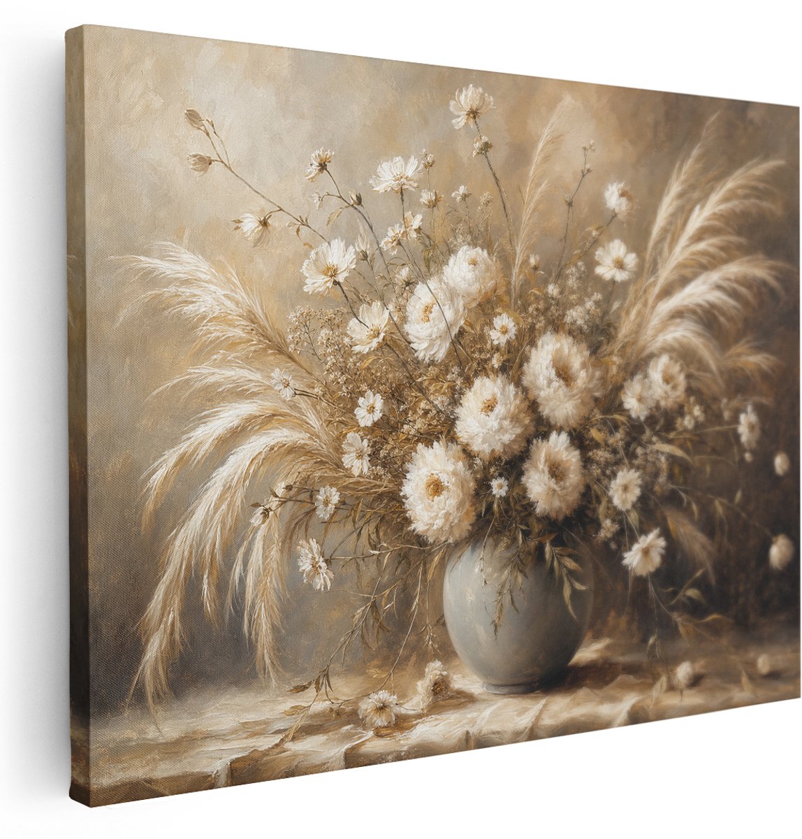 Artaza Canvas Schilderij Bloemen Vaas - Beige Stilleven In Zachte Natureltinten - 160x120 cm - Groot - Klein - Wanddecoratie Woonkamer - Schilderijen - Muurdecoratie