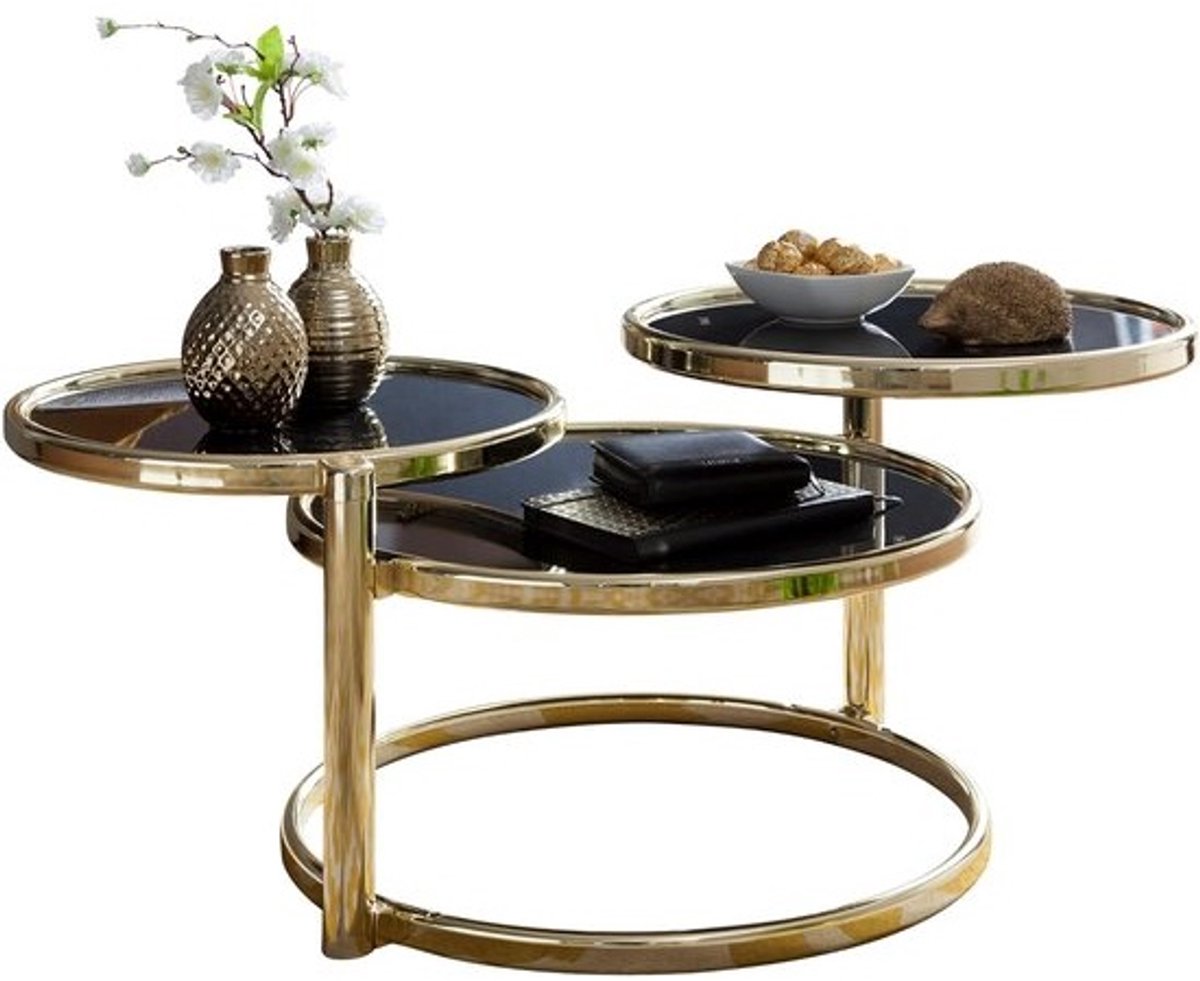 Ronde design salontafel met 3 uitschuifbare bladen zwart/goud - Vierkante bijzettafel met tafelblad glas en metaal