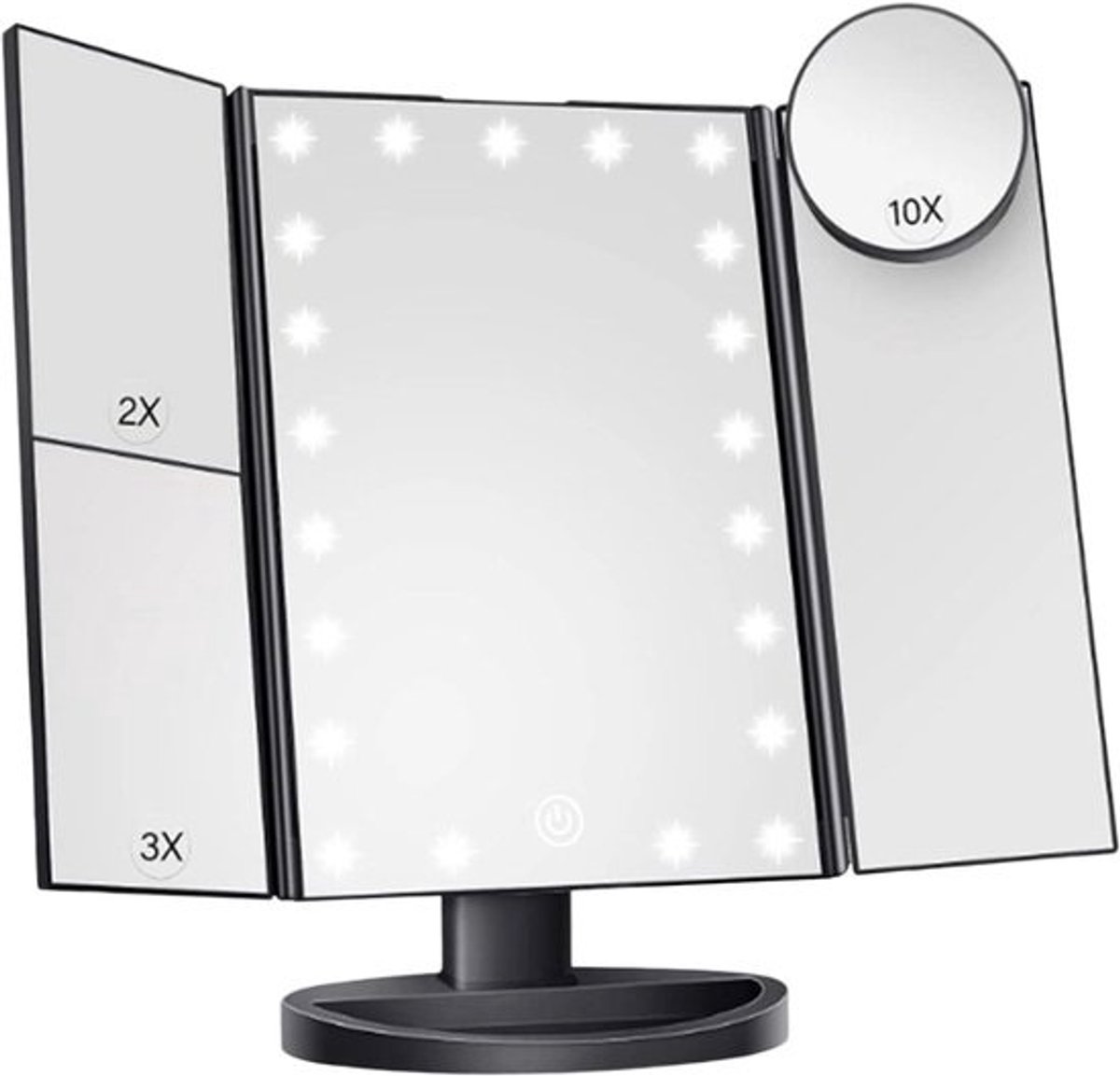 Opvouwbare make-upspiegel - 10x 3x 2x vergroot - met led-lampjes - Touchbediening - Dubbele voeding - Draagbaar - Cadeau voor vrouwen - 22 lampjes - Zwart - 1 st.