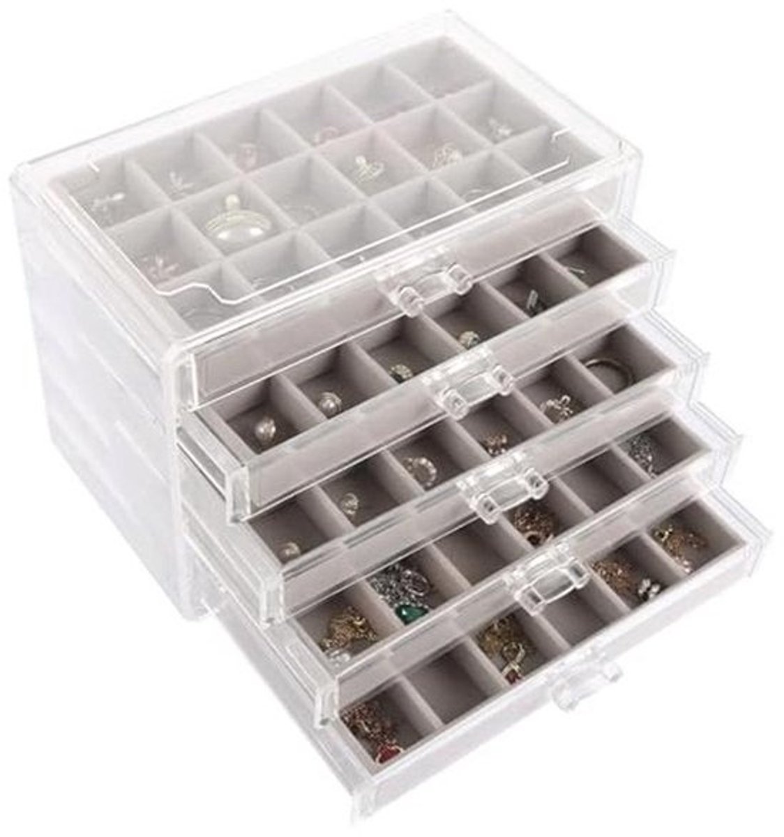 Grijze Sieradendoos met 5 Laden - Acryl Sieradenopberger en Organizer voor Oorbellen, Ringen en Halskettingen