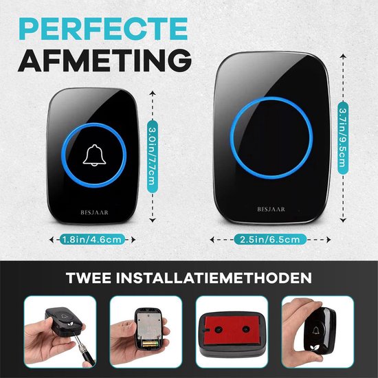 Besjaar Deurbel - Deurbel Draadloos - Draadloze Deurbel - Met 2 Ontvangers - Ontvangers Op Batterijen - Beldrukker - Inclusief Batterijen - IP44 Waterdicht - Zwart — afbeelding 5