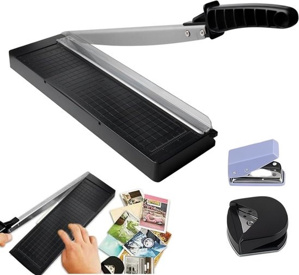 A4 papier snijder - lever snijder - papier snijmachine voor 8 vellen snijcapaciteit - lever snijder met hoekafgeronde en perforator voor snijden van papier - fotopapier - werkend karton - kaartpapier