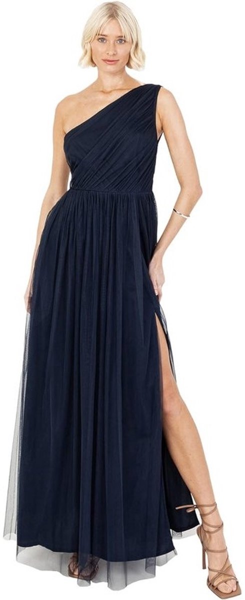 Maxi-jurk met blote schouders en split voor gala's en bruiloften, mouwloos, donkerblauw – Maat 46