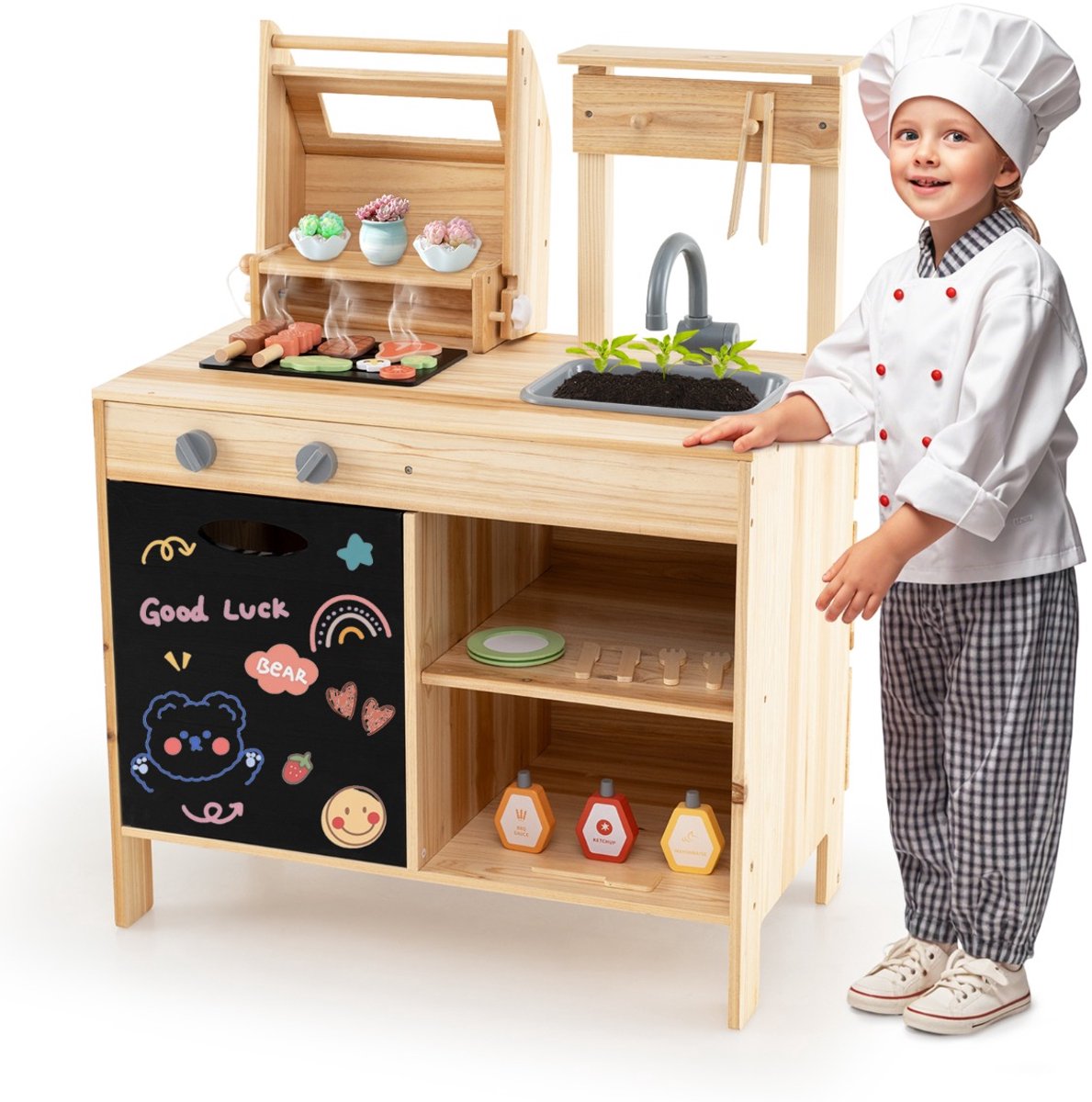 SureDeal® - Rollenspell - Houten Barbecue - Kinderen Speelkeukenset - Speeleten Keukengerei - 69x40x90 cm - Naturel