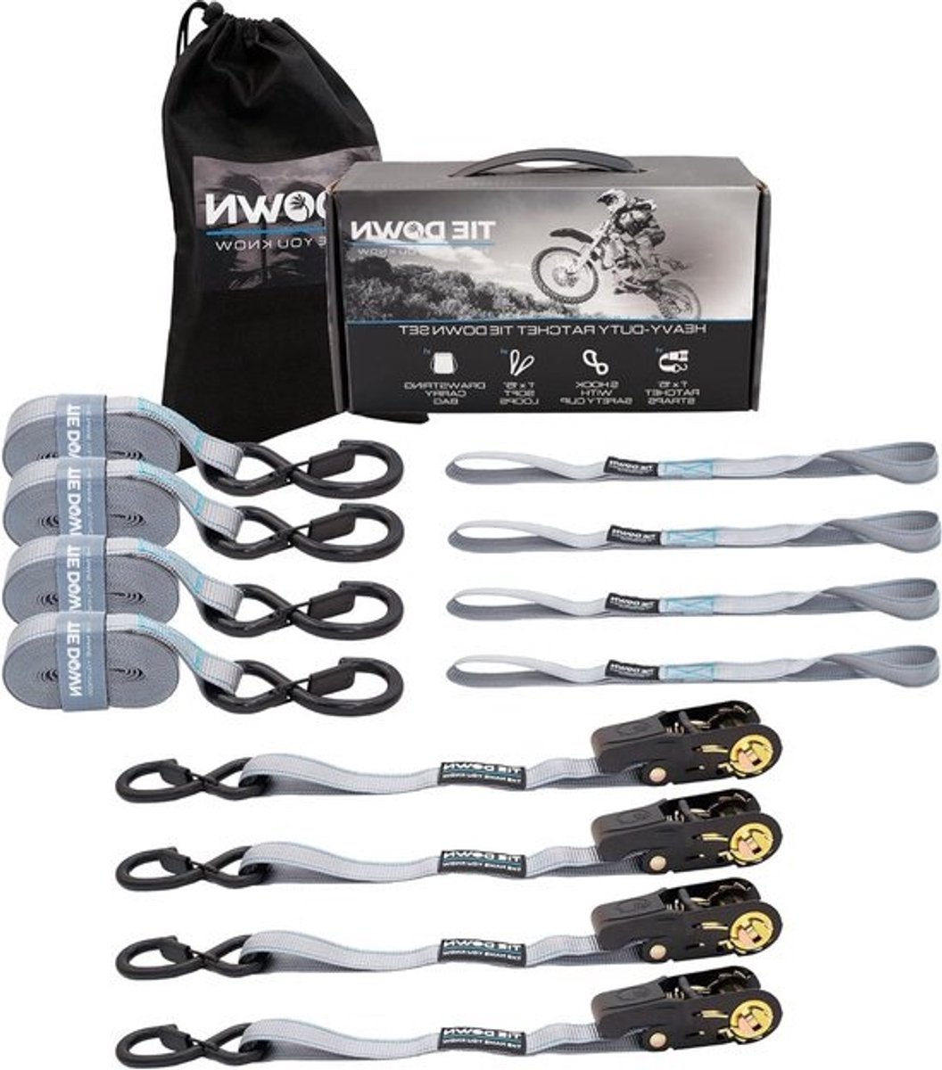 Ratelriemen Set - Spanbanden Bevestigingsriemen - Lading Zekeren - Vinyl Gecoate Haken - 4 stuks 15ft - Grijs
