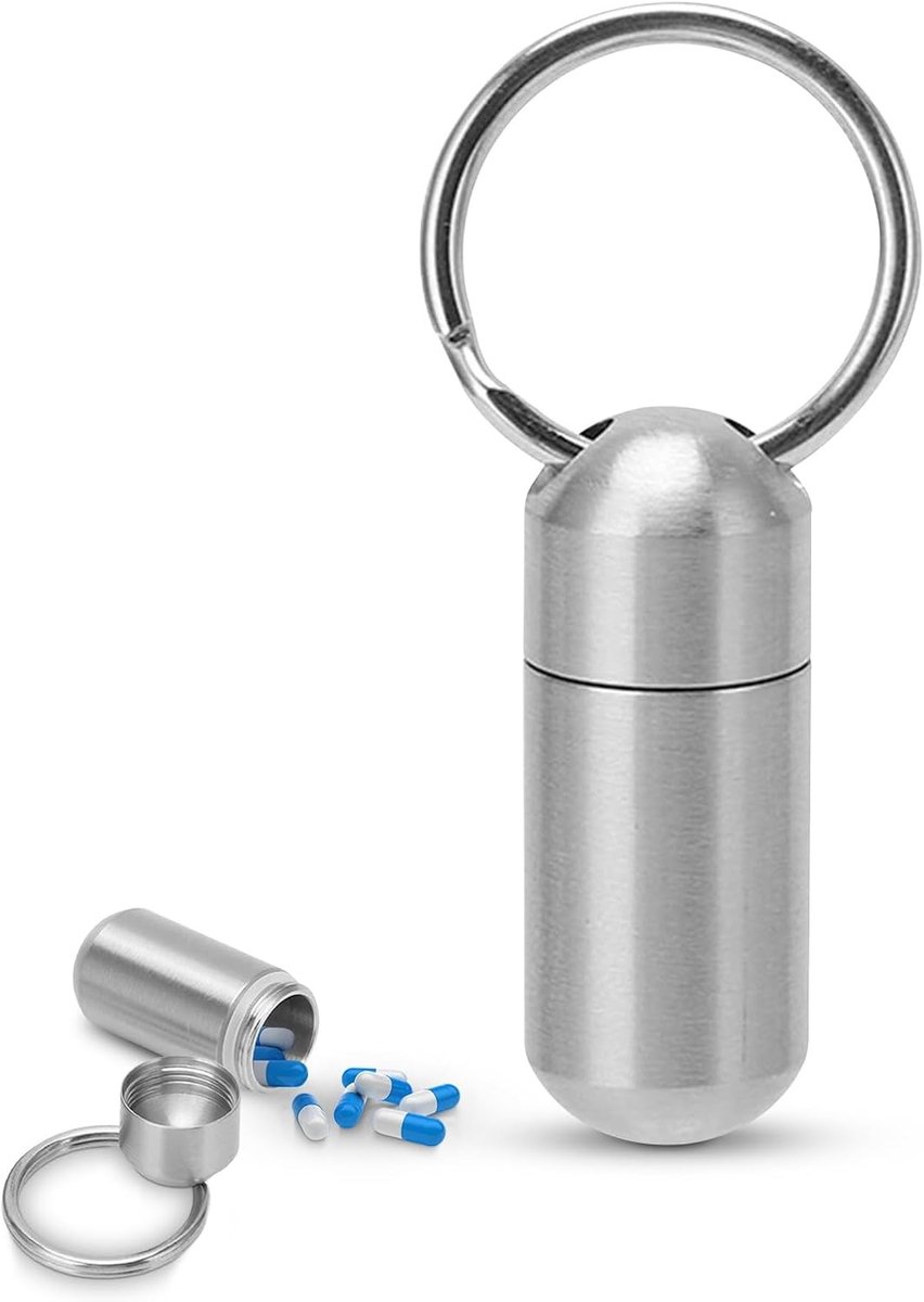 Waterdichte pillendoos sleutelhanger van roestvrij staal, compact ontwerp voor onderweg, ideaal voor outdoor en kamperen
