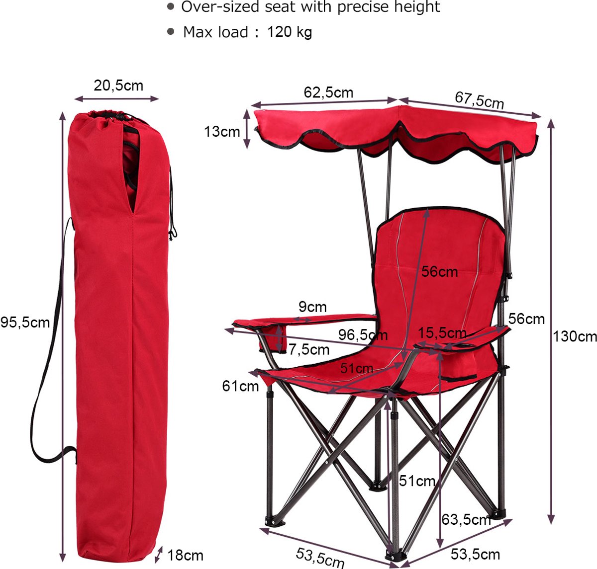 SureDeal® - Kamper - Opvouwbare Visstoel - Bekerhouder - Patio Strand Camping - 96,5x67,5x130 cm - Rood