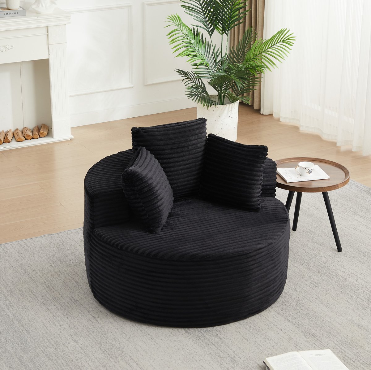 MODENUIT Fauteuil Rond 110 cm - Met 3 Sierkussens - Voor Woonkamer En Slaapkamer - Corduroy - Zwart