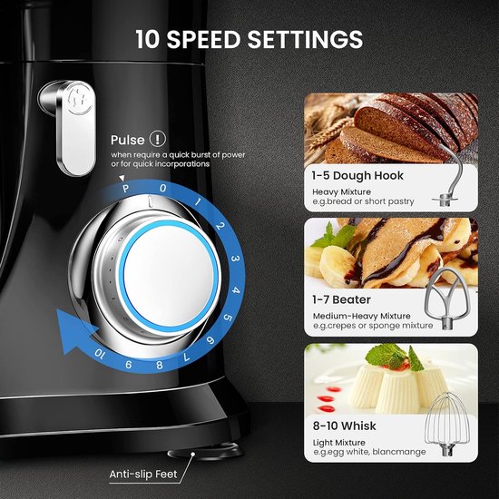 Keukenmachine - Standmixer Deegmixer - Bakken en Maken - Kantelbare Motorkop - 4.5L Kom - Zwart — afbeelding 5