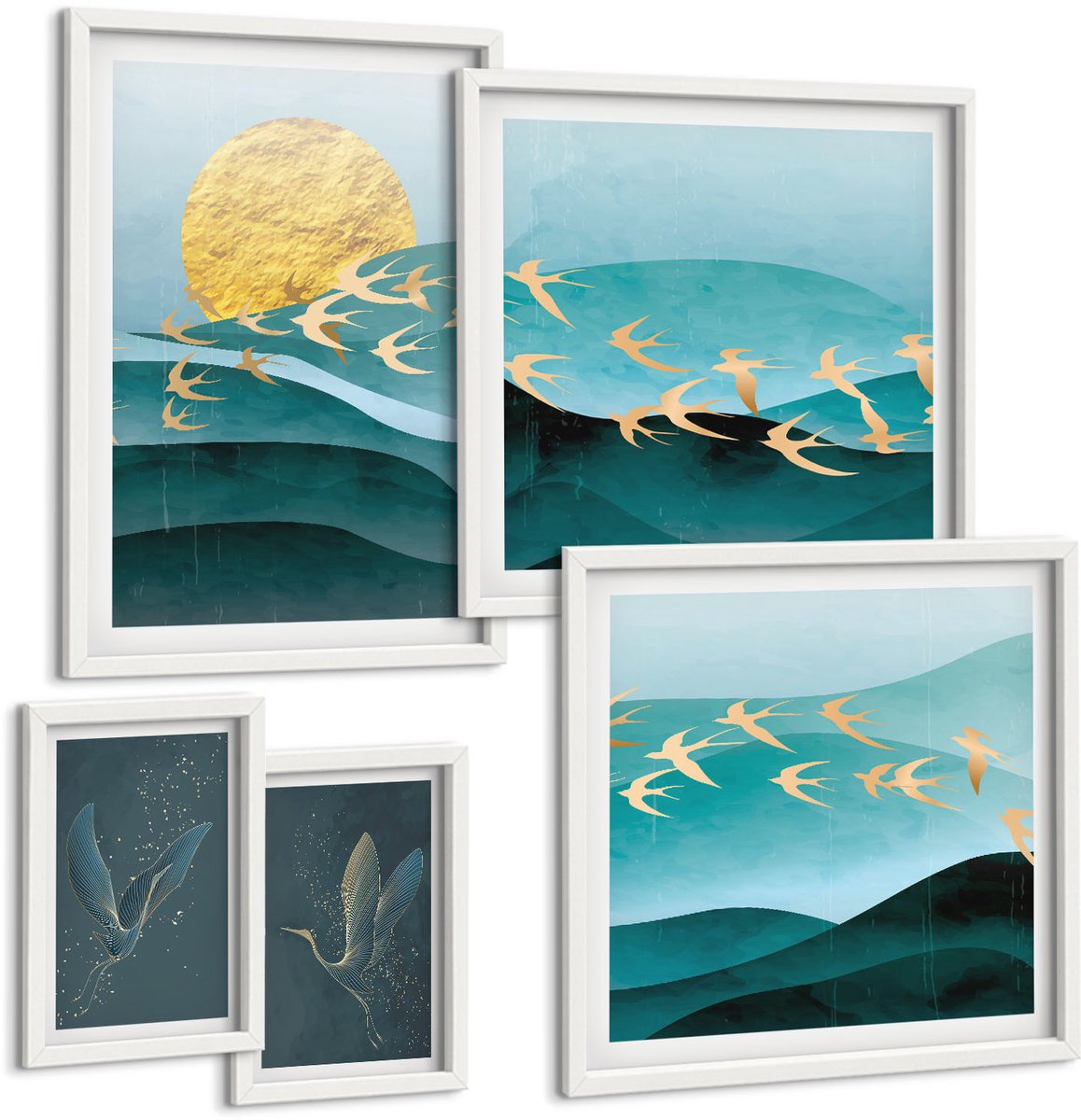 Wallfluent 5-Delige Schilderij Set - Harmonie Van De Natuur Met Vogels En Golven In Een Moderne Stijl. - 50 x 50 cm, 20 x 30 cm En 40 x 60 cm - Wanddecoratie - Schilderijen Set - Kantoor