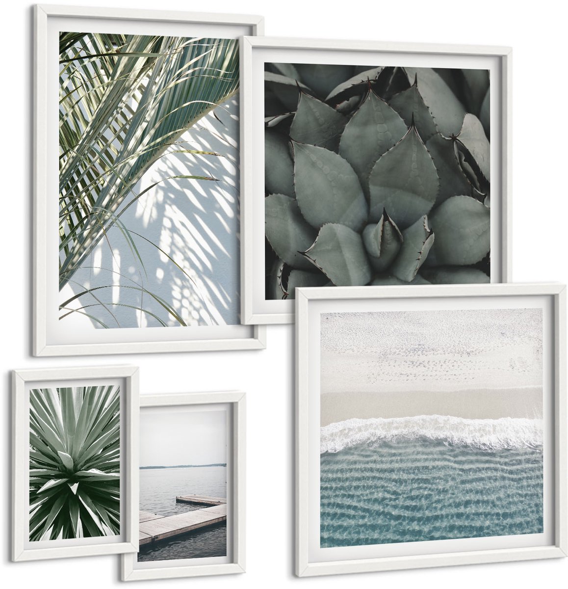 Wallfluent 5-Delige Schilderij Set - Tropische Plantenmotieven Met Uitzicht Op Zee - 50 x 50 cm, 20 x 30 cm En 40 x 60 cm - Decoratieve Muurdecoratie - Slaapkamer