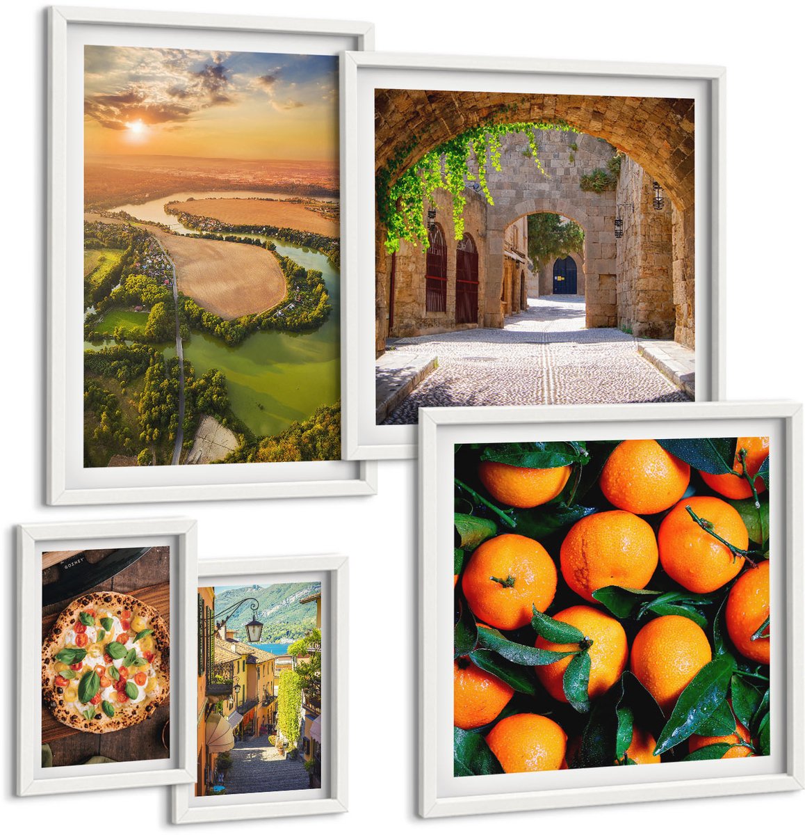 Wallfluent 5-Delige Schilderij Set - Natuurlandschappen Met Uitzicht Op Italiaanse Smaken - 50 x 50 cm, 20 x 30 cm En 40 x 60 cm - Muurdecoratie - Wanddecoratie - Hal - Interieur Decoratie
