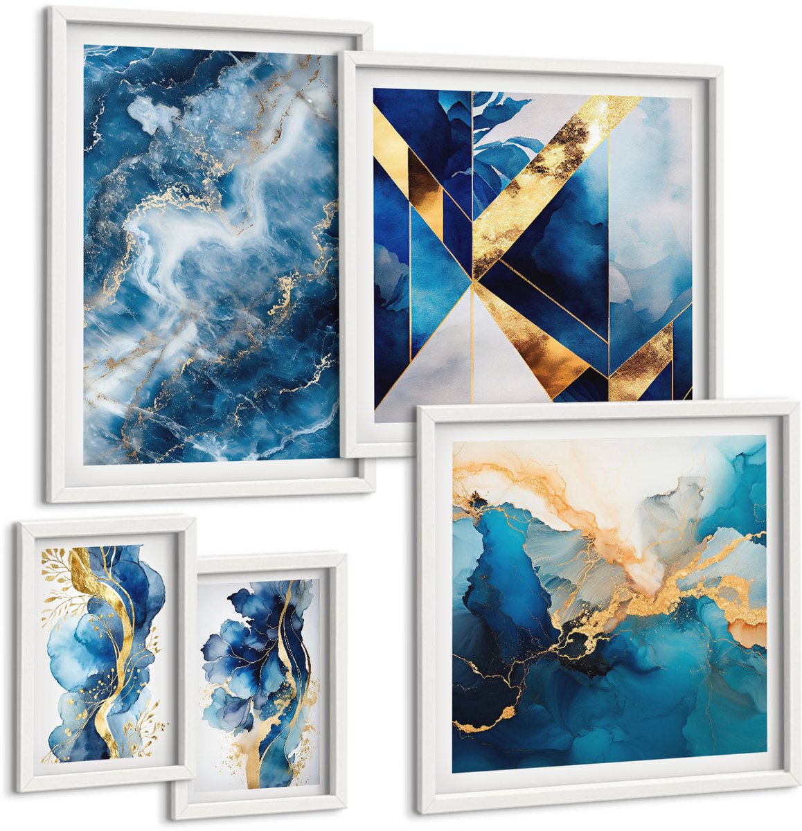 Wallfluent 5-Delige Schilderij Set - Abstracte Composities In Blauwe Tinten - 50 x 50 cm, 20 x 30 cm En 40 x 60 cm - Muurdecoratie - Interieur Decoratie - Decoratieve Schilderijen