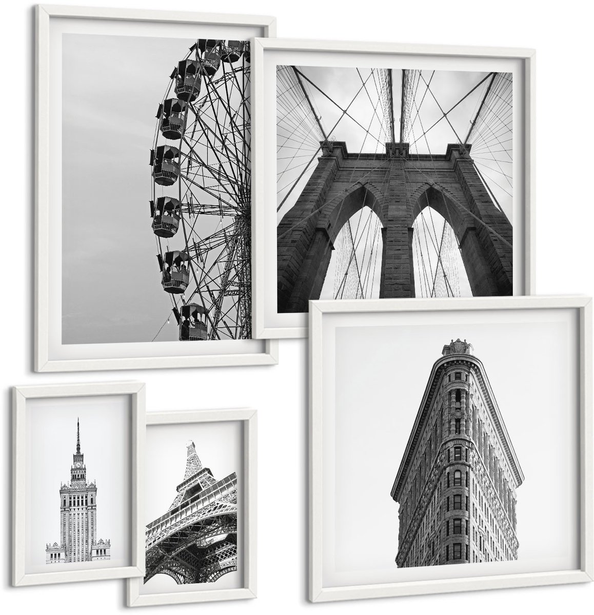 Wallfluent 5-Delige Schilderij Set - Architectuur Van De Wereldmetropolen In Zwart-Wit - 50 x 50 cm, 20 x 30 cm En 40 x 60 cm - Wanddecoratie - Schilderijen Set - Kantoor - Muurdecoratie