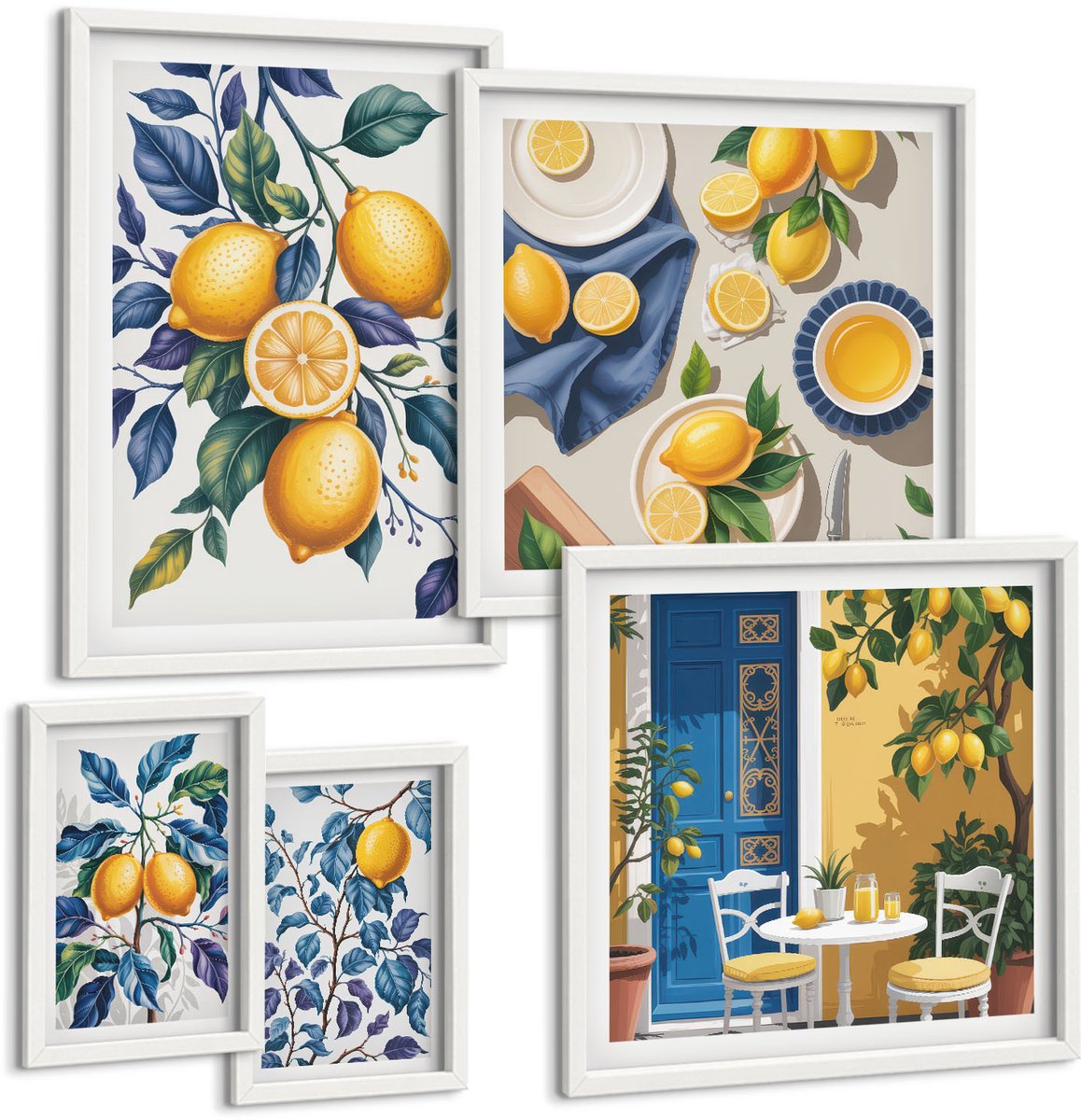 Wallfluent 5-Delige Schilderij Set - Citrusinspiratie In Provençaalse Stijl Voor De Keuken - 50 x 50 cm, 20 x 30 cm En 40 x 60 cm - Decoratieve Muurdecoratie - Slaapkamer - Interieur Decoratie
