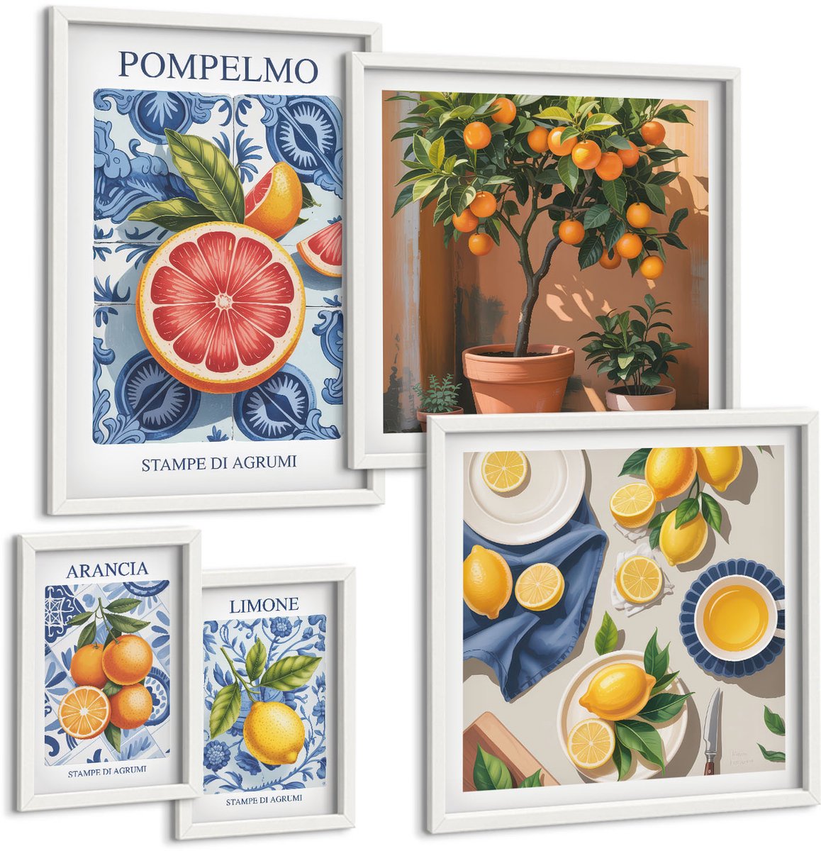 Wallfluent 5-Delige Schilderij Set - Citrus Inspirations Vintage Decoraties - 50 x 50 cm, 20 x 30 cm En 40 x 60 cm - Wanddecoratie - Schilderijen Set - Interieur - Decoratieve Schilderijen