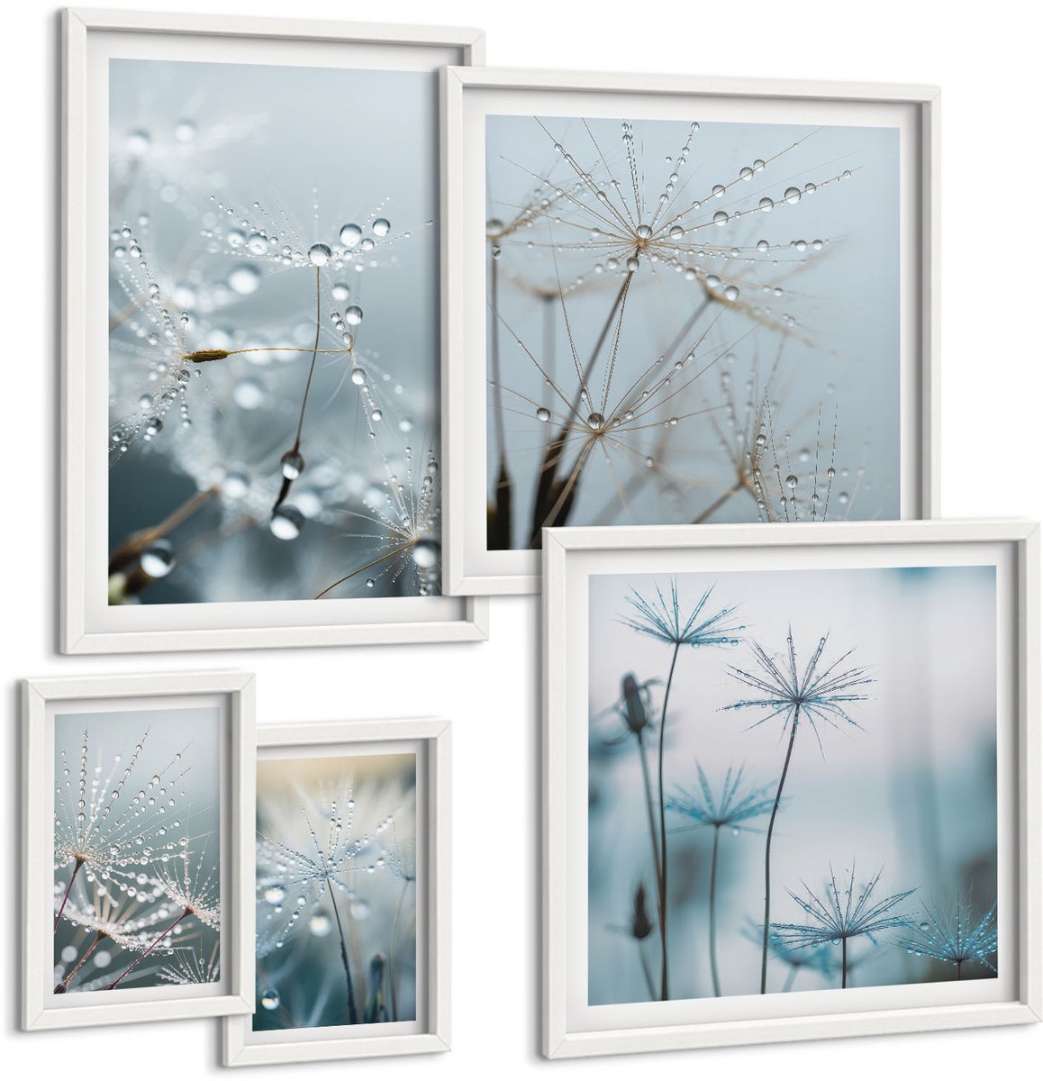 Wallfluent 5-Delige Schilderij Set - Verfijnde Plantmotieven Met Waterdruppels Op Een Natuurlijke Achtergrond. - 50 x 50 cm, 20 x 30 cm En 40 x 60 cm - Muurdecoratie - Schilderijen Set - Woonkamer - Woonkamer Decoratie