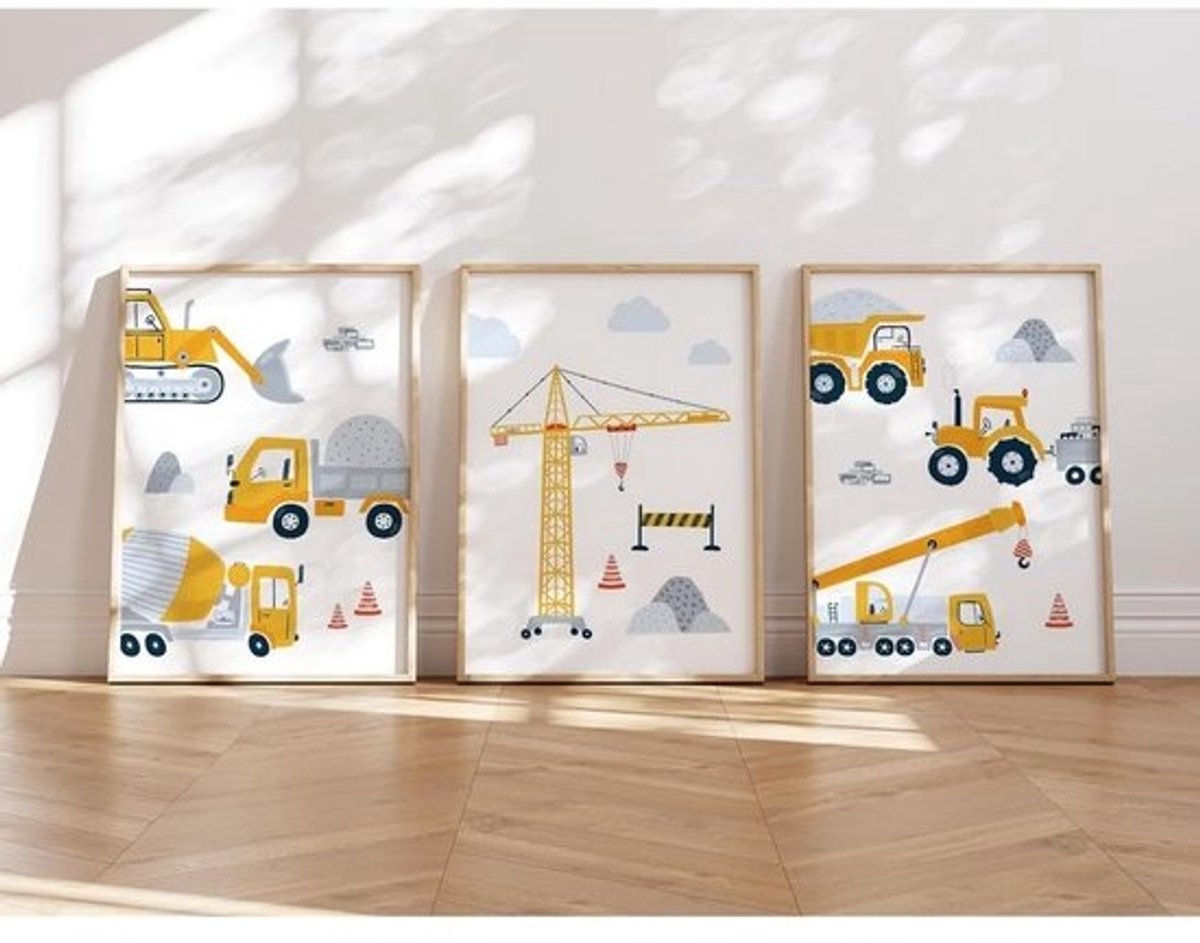 Set van 3 A4 Posters Bouwvoertuigen voor Kinderkamer: Graafmachine, Kraan en Kiepwagen