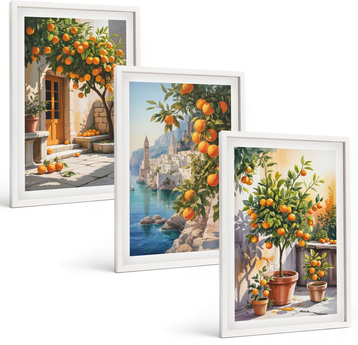 Wallfluent 3-Delige Schilderij Set - Geschilderde Citrusvruchten En Kustlandschappen - 40 x 60 - Wanddecoratie - Schilderijen Set - Kantoor - Muurdecoratie