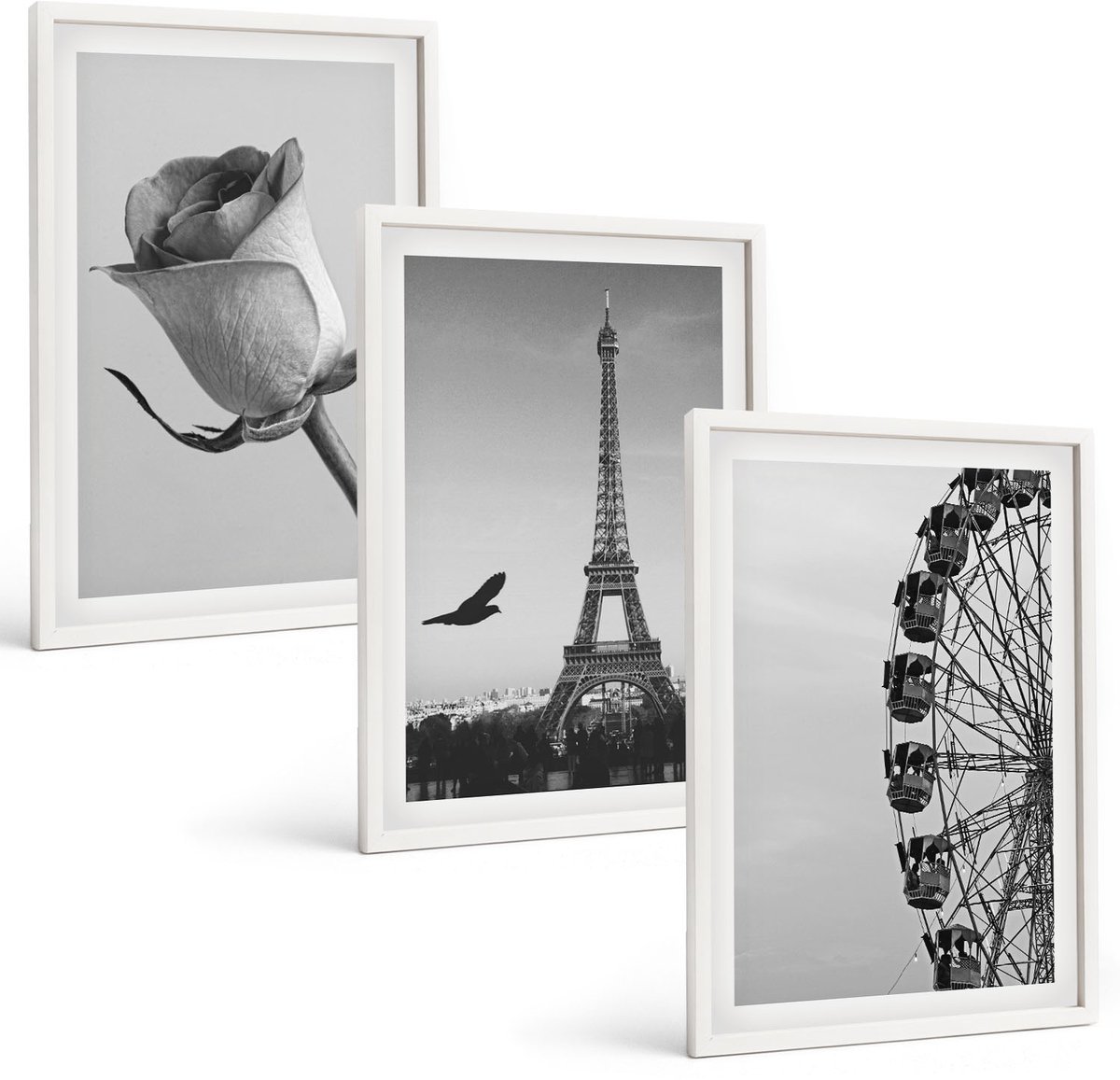 Wallfluent 3-Delige Schilderij Set - Roze Eiffeltoren En Reuzenrad In Zwart-Wit - 40 x 60 - Decoratieve Schilderijen - Woonkamer - Interieur - Muurdecoratie
