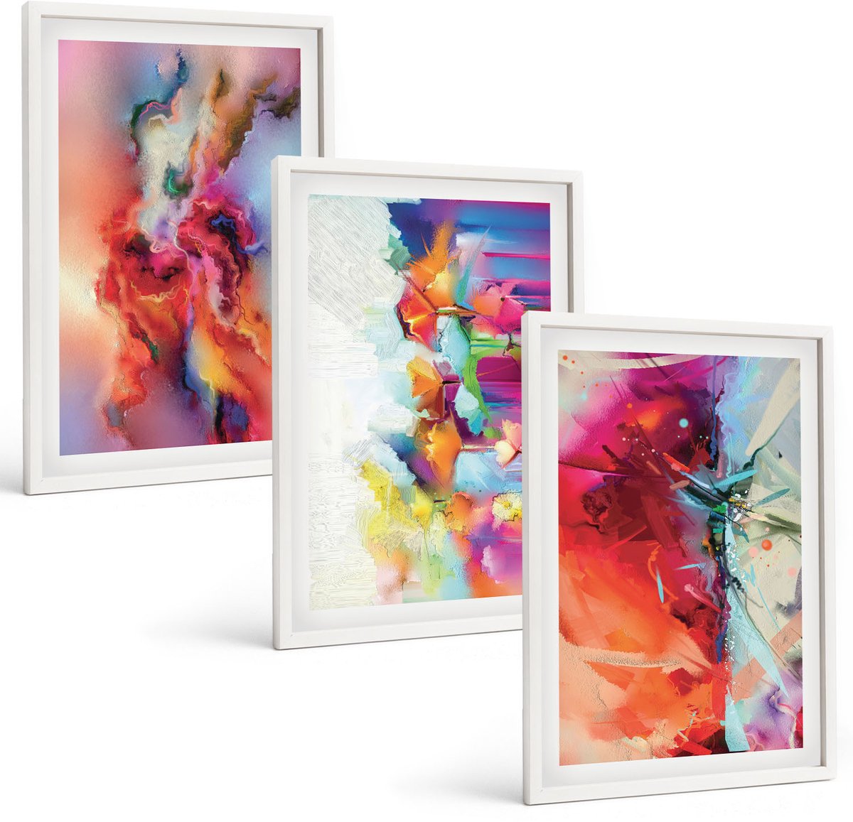 Wallfluent 3-Delige Schilderij Set - Kleurrijke Abstracties Met Dynamische Vormen En Figuren - 40 x 60 - Wanddecoratie - Moderne Interieurdecoratie - Decoratieve Schilderijen