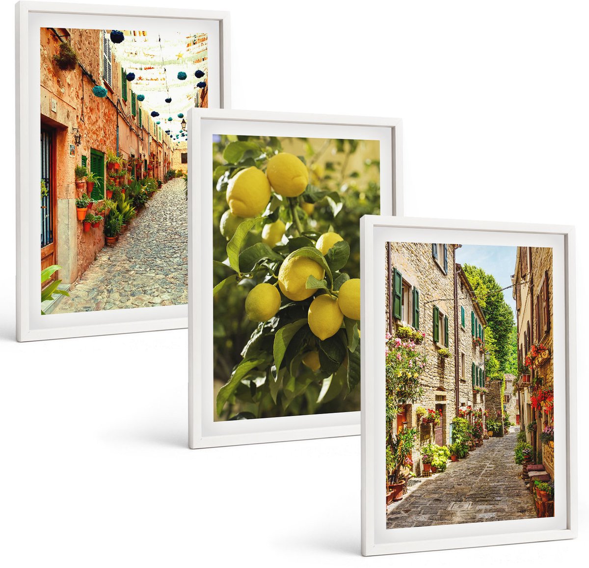 Wallfluent 3-Delige Schilderij Set - Sfeervolle Straatjes Met Bloemen En Citroenen Op De Achtergrond. - 40 x 60 - Wanddecoratie - Muurdecoratie - Woonkamer - Decoratieve Schilderijen