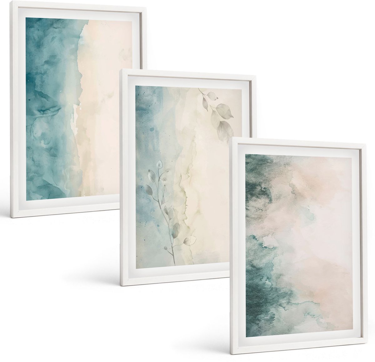 Wallfluent 3-Delige Schilderij Set - Aquarellen Op Canvas In Minimalistische Stijl - 40 x 60 - Stijlvolle Muurdecoratie - Slaapkamer - Interieur Decoratie